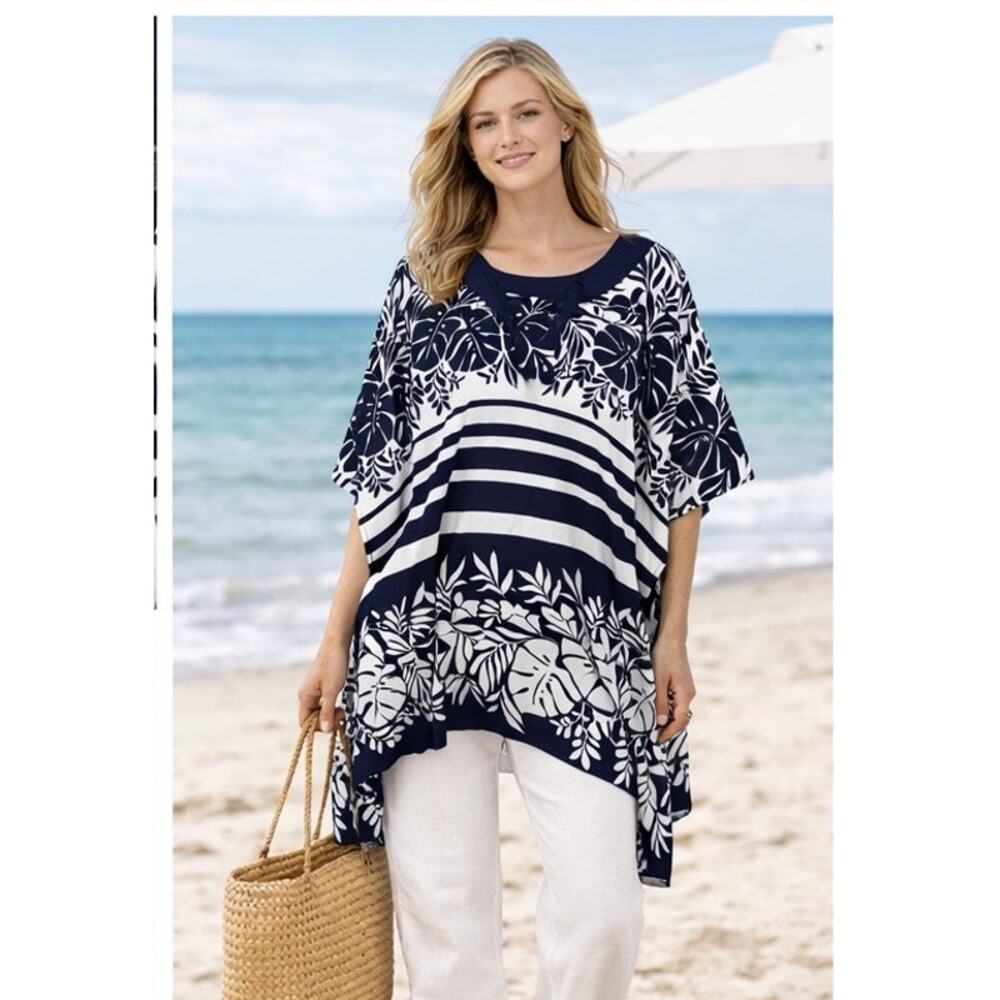 La Blanca Navy White Tropical Poncho Tunic Lace Up Swim Cover Up Large NWT